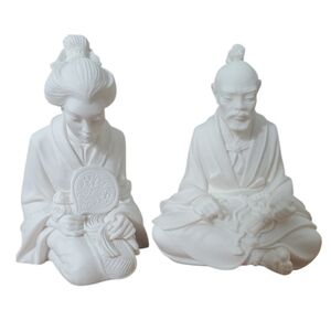 Vintage A. Giannelli Alabaster Resin Japanese Samari & Geisha Statues Set Of 2